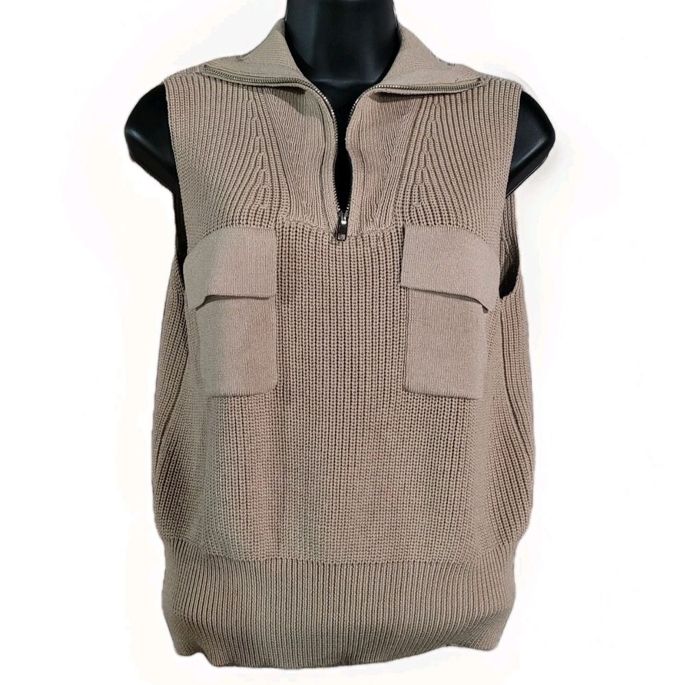 Strut & Bolt 1/4 Zip Knit Cardigan Size L Tan Brown Pockets Academia Neutral